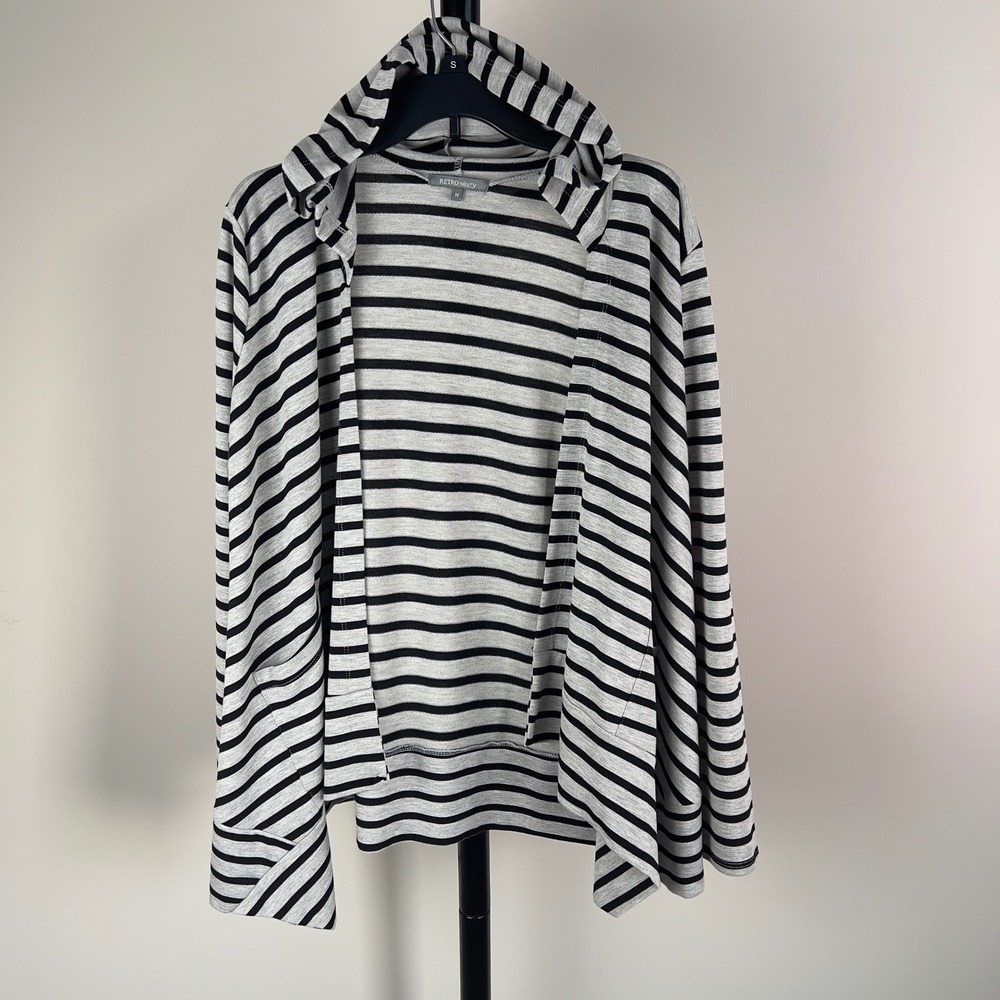 RETRO-ology Womens Striped Hooded Open Front Cardigan Grey Black Size M